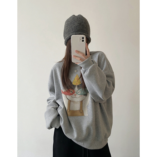 sun柚 童趣减龄猫咪彩绘印花宽松加厚加绒保暖圆领卫衣女秋冬 新款