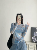 蓝色扎染薄款 韩系修身 长袖 sun柚 T恤女夏季 新款 防晒圆领罩衫 上衣