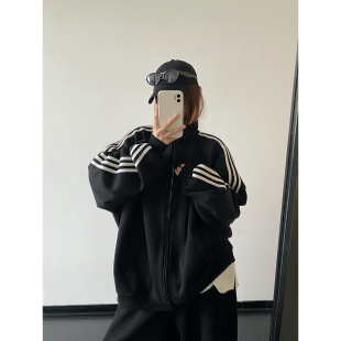 sun柚 美高穿搭&黑色宽松立领棒球服外套女秋冬加绒加厚长袖卫衣