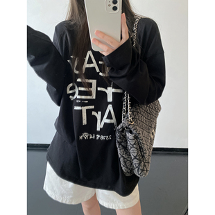 复古烫银字母印花慵懒宽松长袖 T恤女防晒上衣服 春秋美式 sun柚