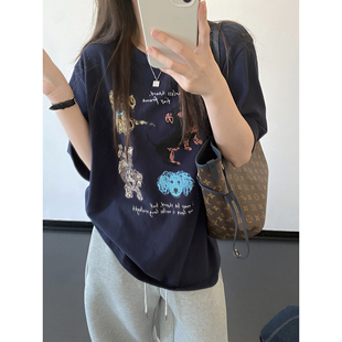 sun柚 卡通涂鸦彩绘狗狗宽松中袖 短袖 大T恤圆领春夏女 遛狗tee