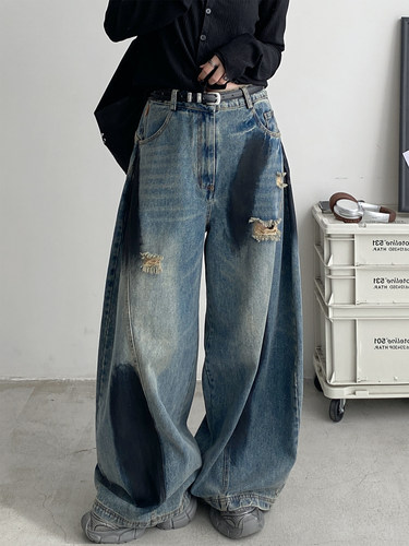 裤子秋款薄款阔腿裤宽松牛仔裤