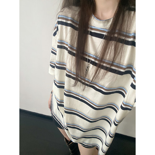 黑蓝条纹中袖T恤女宽松圆领上衣
