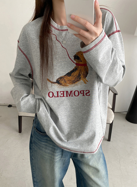 sun柚 秋季新款索罗娜长袖趣味印花长袖T恤撞色缝线腊肠狗上衣