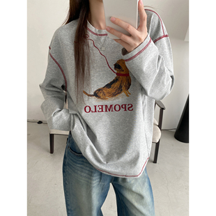 趣味印花长袖 sun柚 索罗娜长袖 新款 T恤撞色缝线腊肠狗上衣 秋季