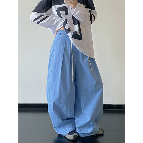 抽绳松紧腰通勤阔腿长裤女