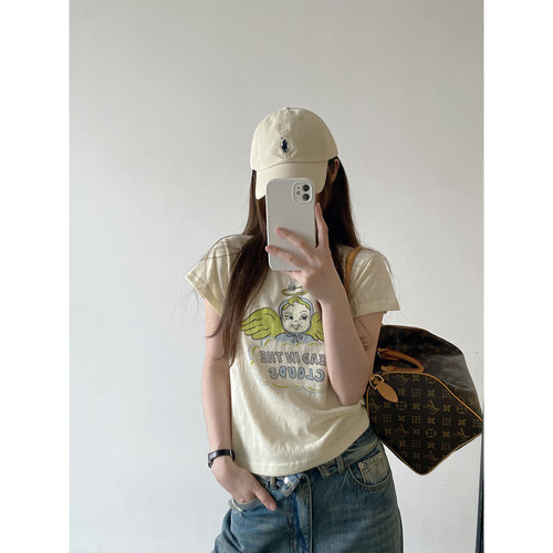 少女感天使图案印花圆领T恤夏