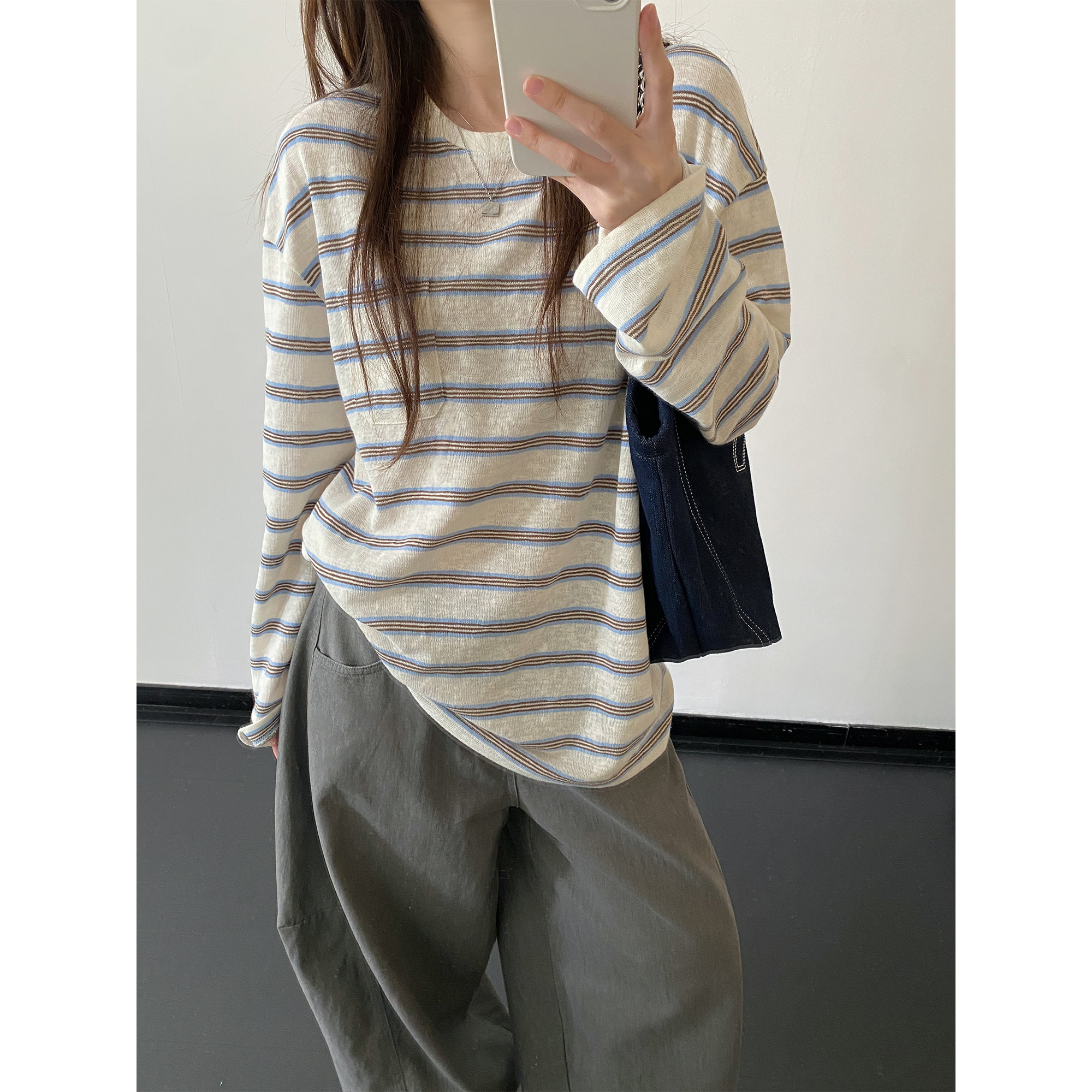 sun柚 miu系美学复古慵懒条纹长袖圆领长袖T恤春秋季上衣松弛韩系