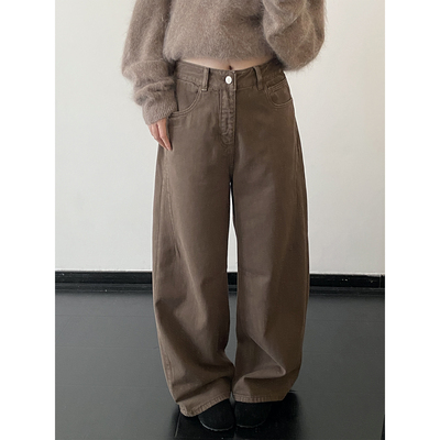 水洗复古巨洋气薄绒显腿直牛仔裤