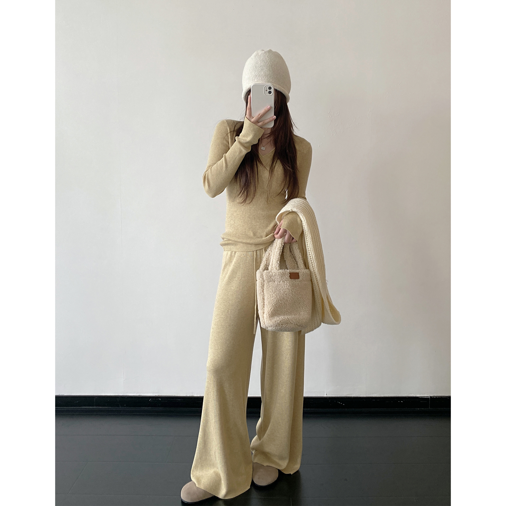 桑蚕丝羊毛套装羊毛V领针织套装