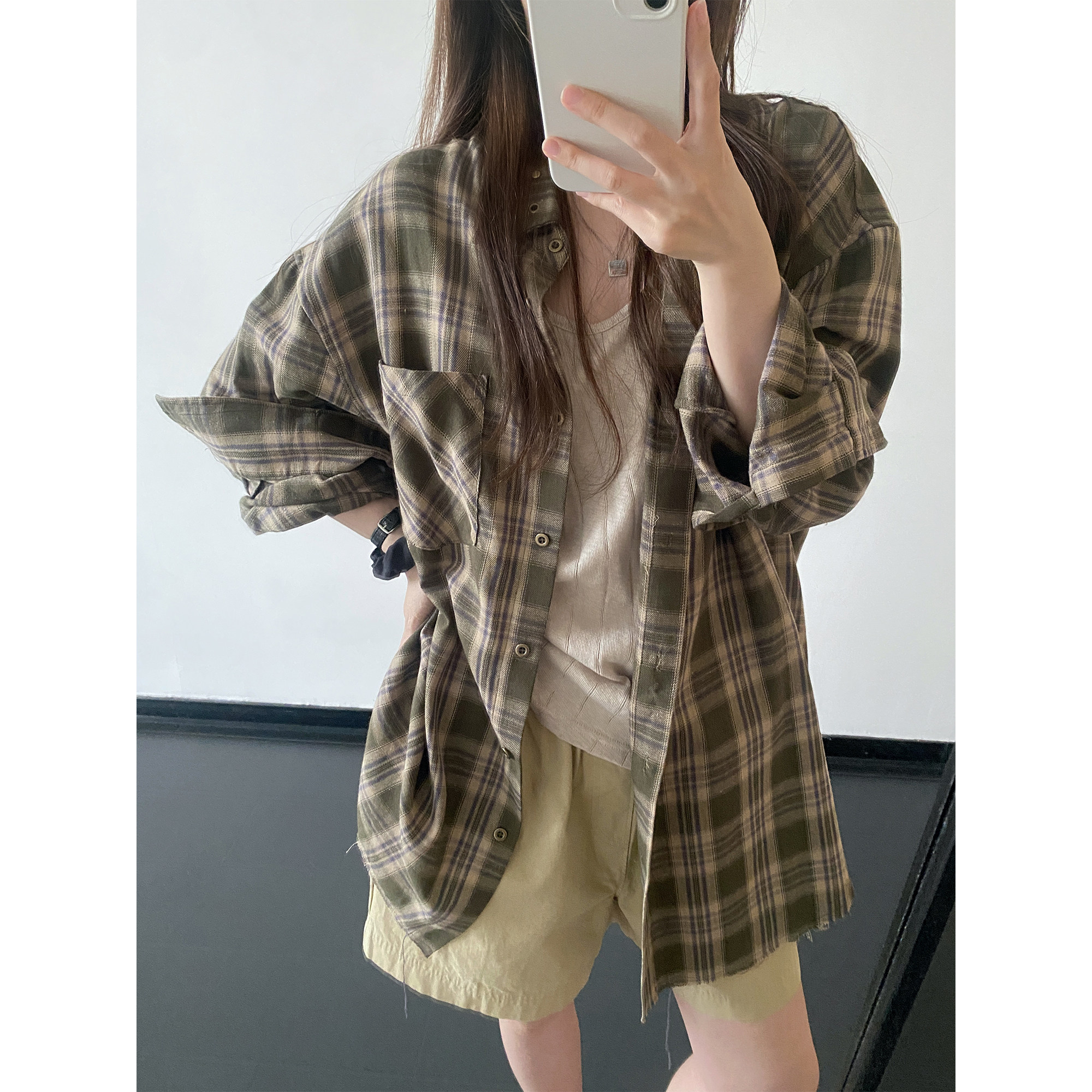 sun柚 休闲格子衬衫铆钉自带腔调长袖格纹衬衣外穿防晒开衫上衣