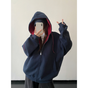 sun柚 美式春秋外套女款春秋2025新款流行百搭连帽宽松开衫卫衣