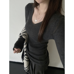 气质上衣 羊毛打底针织衫 sun柚 店主自留基础百搭V领秋冬显瘦修身