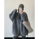 sun柚 拉链卫衣外套女秋冬 盐系加厚双面摇粒绒灰色宽松立领长袖