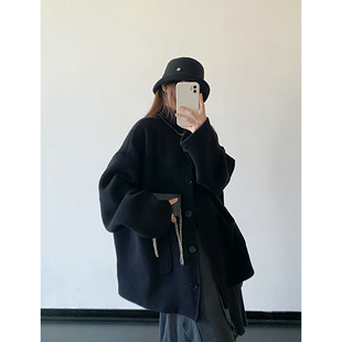 sun柚 '女巫斗篷外套'单面毛呢宽松慵懒圆领落肩口袋外套女秋冬季