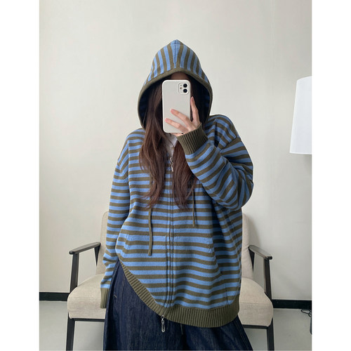 撞色条纹连帽针织开衫女秋季外套