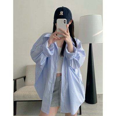 春夏条纹防晒长袖衬衫女宽松显瘦
