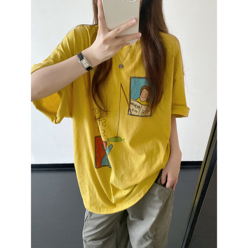 落肩圆领短袖oversize轻薄T恤女