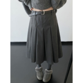 sun柚 高智百褶裙中灰色半身裙百搭宽松毛呢中裙半身裙子女秋冬