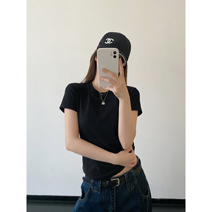纯色正肩圆领短袖 女辣妹紧身百搭显瘦上衣 肯豆灰T恤女夏季 sun柚
