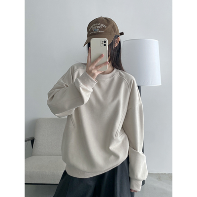 麂皮绒圆领长袖卫衣女春夏季宽松