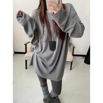 秋冬长袖圆领宽松黑色打底T恤