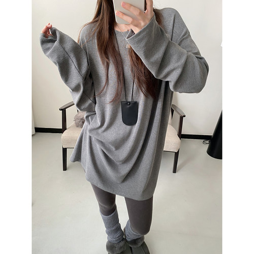 秋冬长袖圆领宽松黑色打底T恤