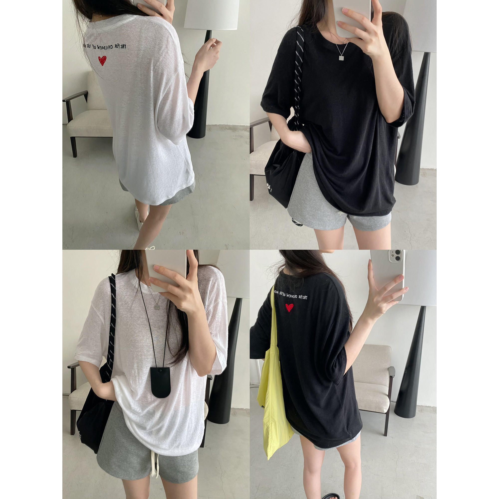 sun柚 天然亚麻爱心字母刺绣短袖t恤高腰灰色显瘦百搭女上衣宽松