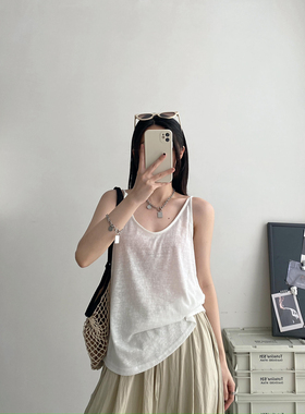 sun柚 吊带背心女新款夏外穿美背白色宽松纯棉慵懒风无袖上衣服