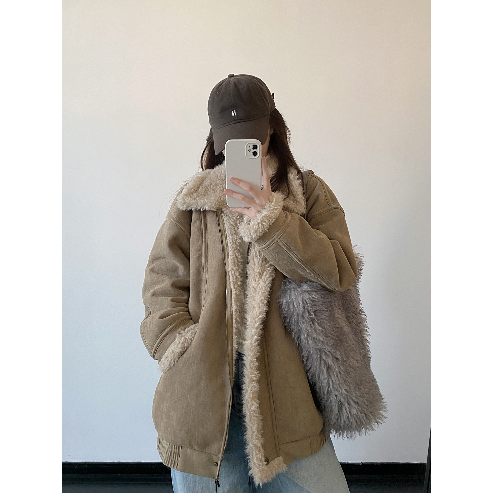 宽松加厚加绒皮毛一体外套秋冬