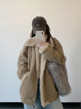 sun柚 高级感秋冬季“摩登老钱风”独特宽松加厚加绒皮毛一体外套