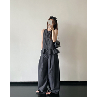 sun柚 妮味outfit 荷叶边休闲无袖衬衫背心马甲上衣阔腿裤套装