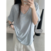 sun柚 松弛感雪花肌理卷边V领短袖 宽松慵懒T恤上衣女宽松显瘦纯色