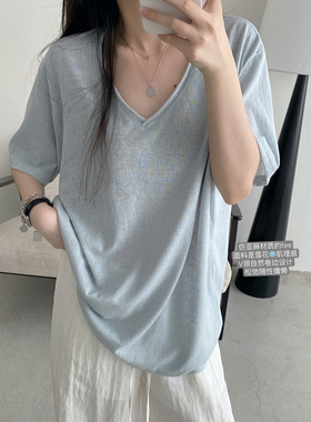 sun柚 松弛感雪花肌理卷边V领短袖宽松慵懒T恤上衣女宽松显瘦纯色