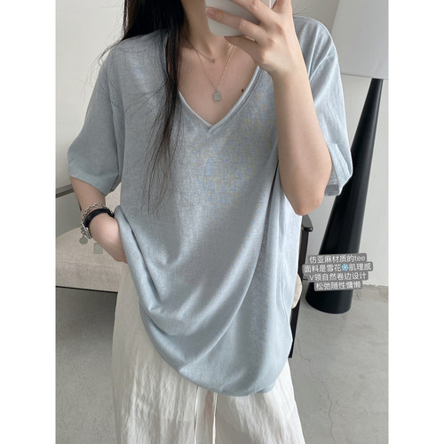 卷边V领短袖宽松慵懒T恤上衣女