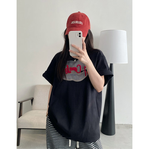 上衣棉质印花刺绣短袖t恤女春夏