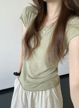 卷边微修身弹力显瘦短袖T恤夏