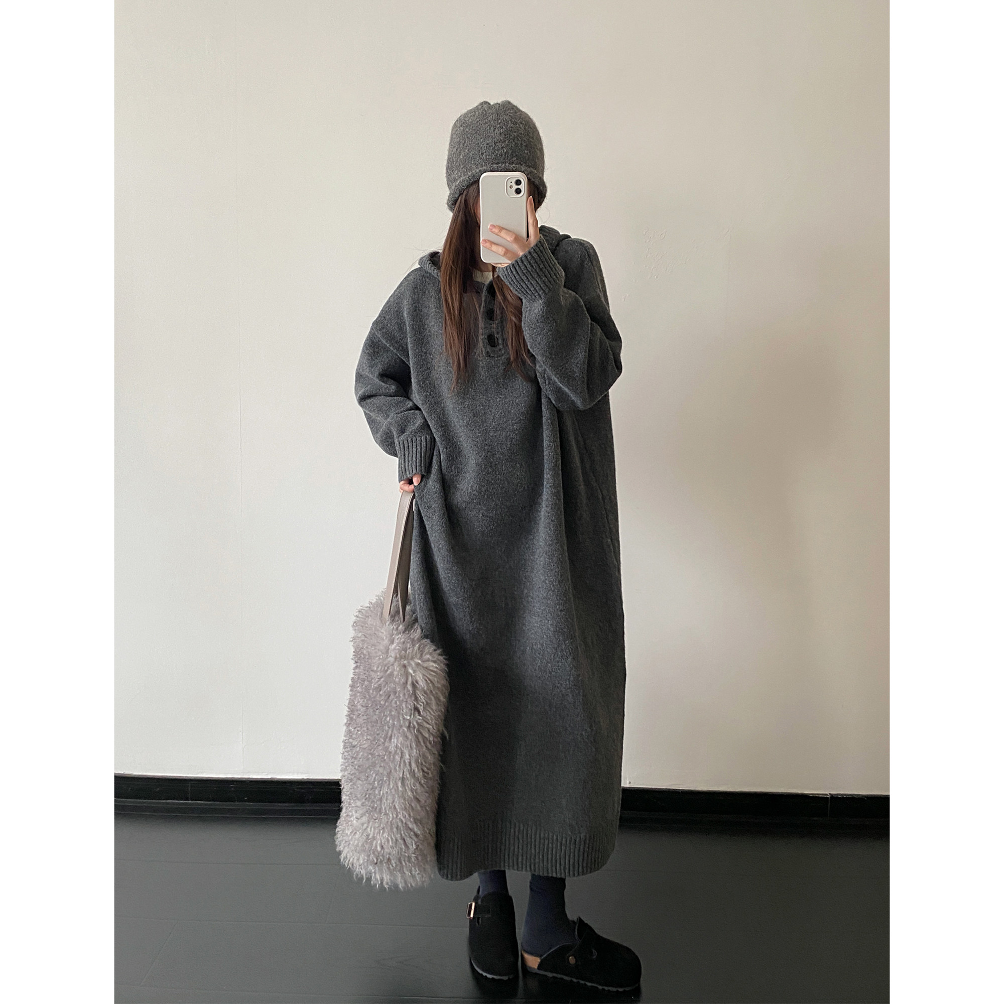 sun柚 【入梦童话】秋冬季慵懒风连帽净版毛衣裙女过膝长款连衣裙