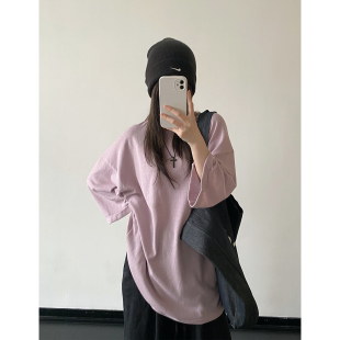 短袖 夏季 极简休闲松驰通勤T恤 麻感棉针织落肩宽松圆领阔版 sun柚