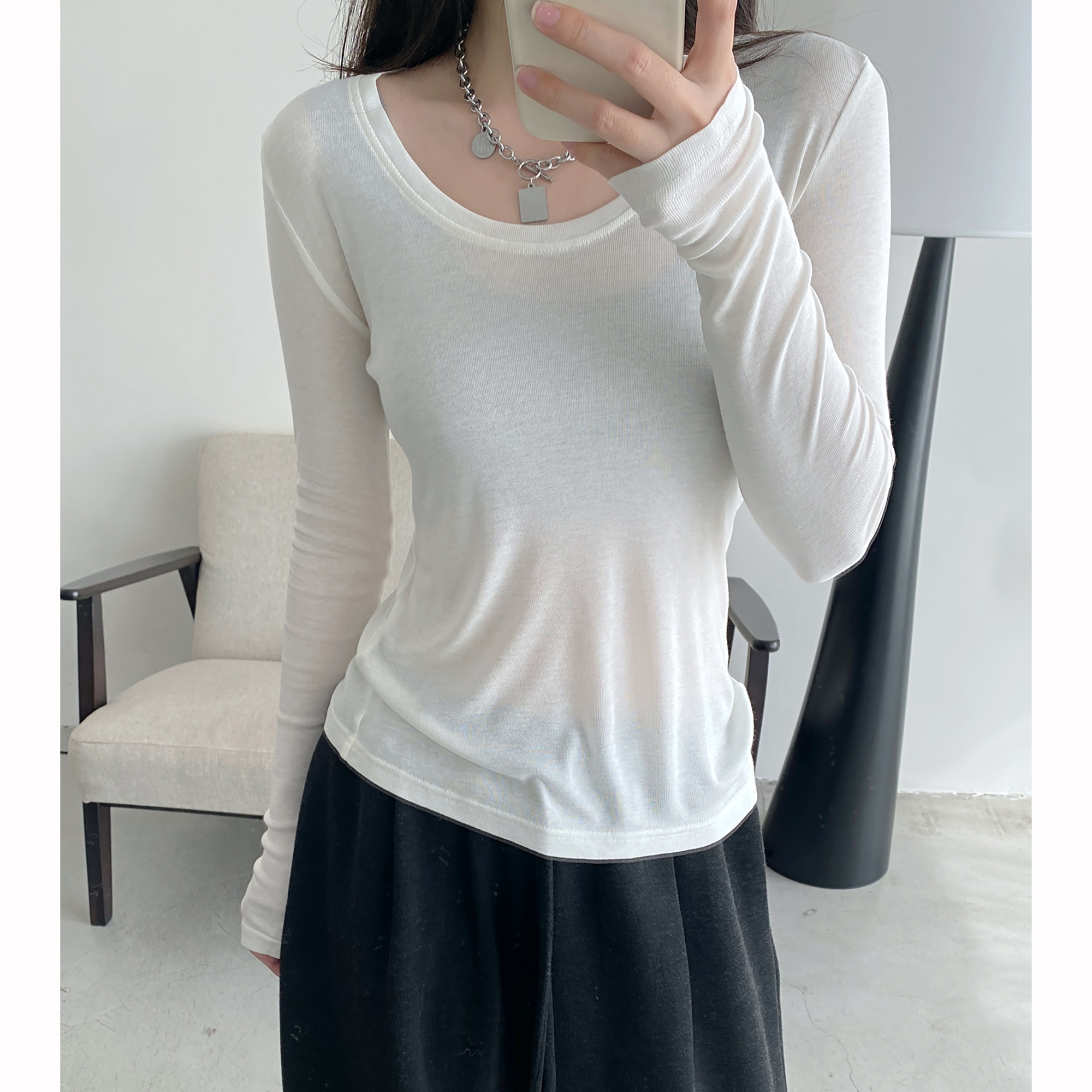 桑蚕丝版型牛牛u领长袖t恤女秋冬