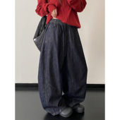 高街阔腿长裤 sun柚 拖地 水洗美式 复古牛仔裤 大廓型宽松新款 弯刀裤