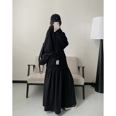 宽松连帽毛圈卫衣拼接长款连衣裙