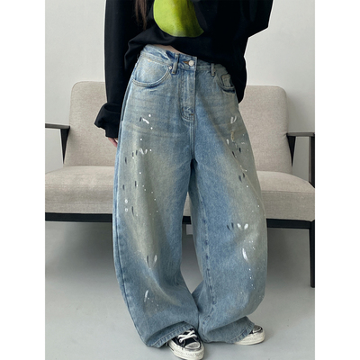 水洗宽松直筒牛仔裤休闲阔腿长裤