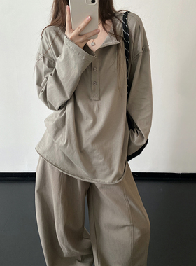 sun柚 慵懒风毛边分割宽松线条打底拼接随性上衣长袖T恤白色廓形