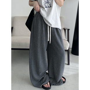 女春夏季 条纹高腰直筒阔腿休闲裤 设计感喷绘抽绳慵懒风经典 sun柚