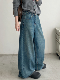女显瘦直筒拖地裤 sun柚 子宽松牛仔裤 蓝色阔腿裤 高腰新款 春秋美式