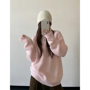 绝美上衣外套潮 韩系宽松慵懒巨好看 sun柚 羊驼毛粉色毛衣女冬季
