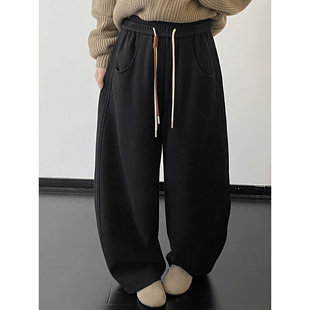 加绒卫裤 宽松加厚阔腿裤 女秋冬季 镰刀运动裤 灰色休闲弯刀裤 sun柚