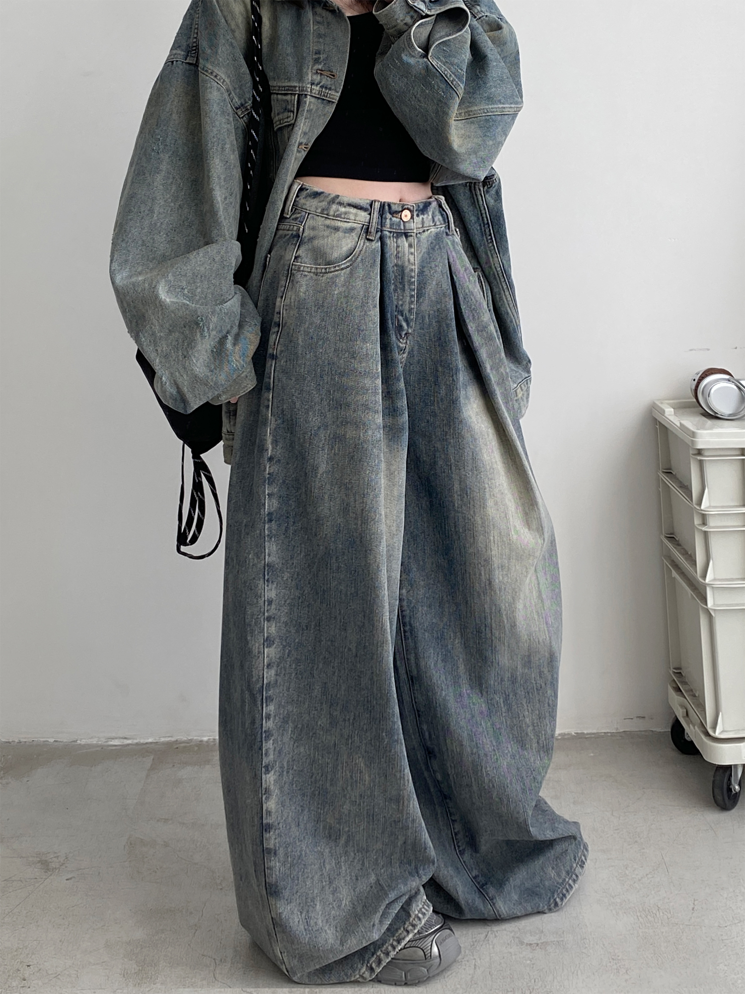 sun柚 春秋复古做旧宽松oversize牛仔外套重工洗水两件套装牛仔裤