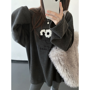 sun柚 乖乖小狗&立体盘花绣毛圈加绒加厚蓬松弛宽松卫衣女